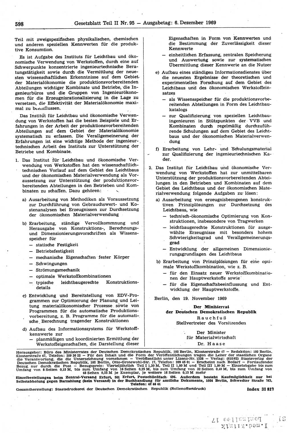 Gesetzblatt (GBl.) der Deutschen Demokratischen Republik (DDR) Teil ⅠⅠ 1969, Seite 598 (GBl. DDR ⅠⅠ 1969, S. 598)