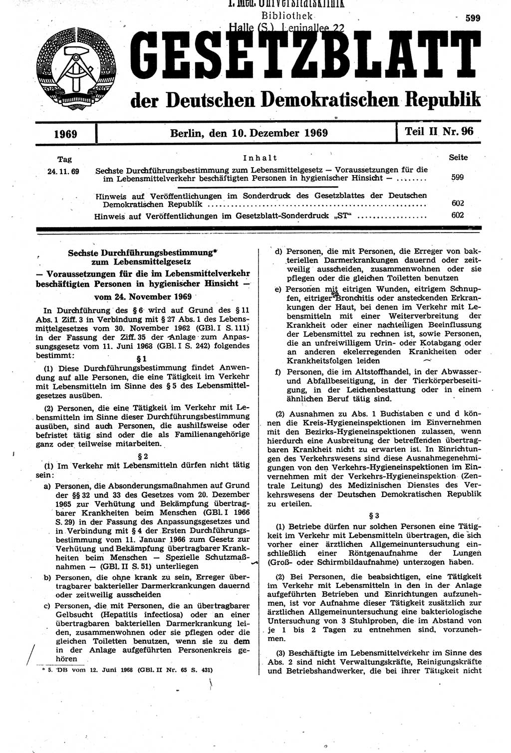 Gesetzblatt (GBl.) der Deutschen Demokratischen Republik (DDR) Teil ⅠⅠ 1969, Seite 599 (GBl. DDR ⅠⅠ 1969, S. 599)