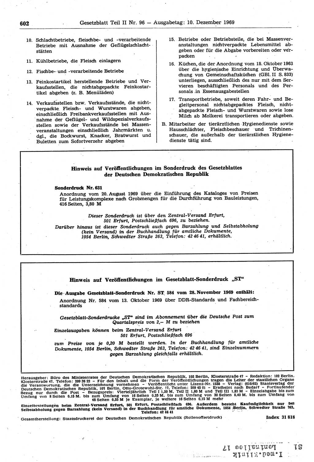 Gesetzblatt (GBl.) der Deutschen Demokratischen Republik (DDR) Teil ⅠⅠ 1969, Seite 602 (GBl. DDR ⅠⅠ 1969, S. 602)