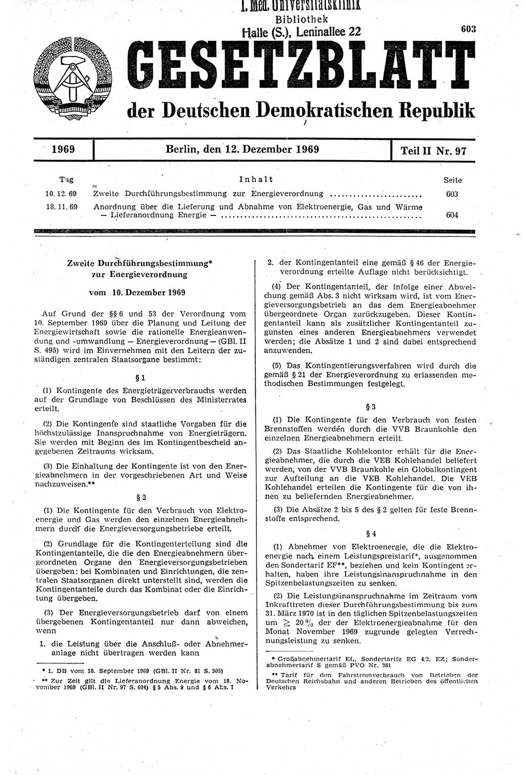 Gesetzblatt (GBl.) der Deutschen Demokratischen Republik (DDR) Teil ⅠⅠ 1969, Seite 603 (GBl. DDR ⅠⅠ 1969, S. 603)