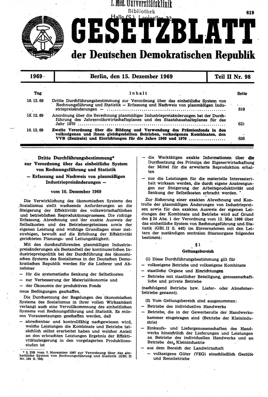 Gesetzblatt (GBl.) der Deutschen Demokratischen Republik (DDR) Teil ⅠⅠ 1969, Seite 619 (GBl. DDR ⅠⅠ 1969, S. 619)