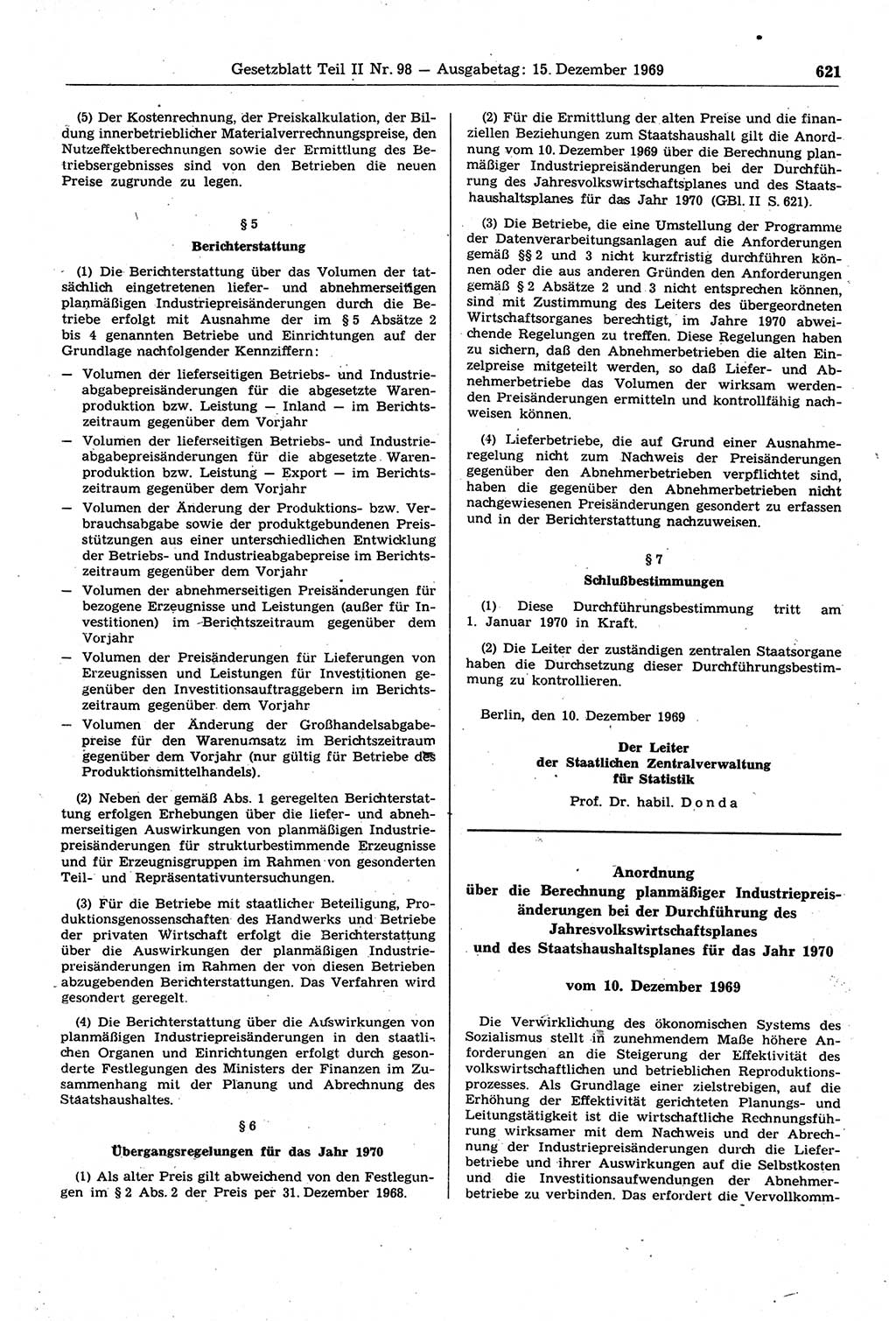 Gesetzblatt (GBl.) der Deutschen Demokratischen Republik (DDR) Teil ⅠⅠ 1969, Seite 621 (GBl. DDR ⅠⅠ 1969, S. 621)