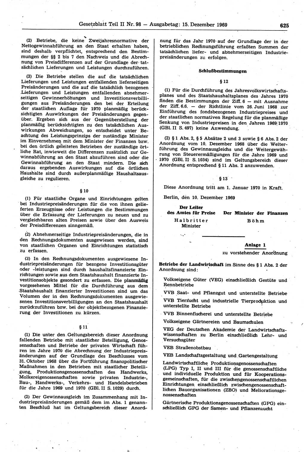 Gesetzblatt (GBl.) der Deutschen Demokratischen Republik (DDR) Teil ⅠⅠ 1969, Seite 625 (GBl. DDR ⅠⅠ 1969, S. 625)