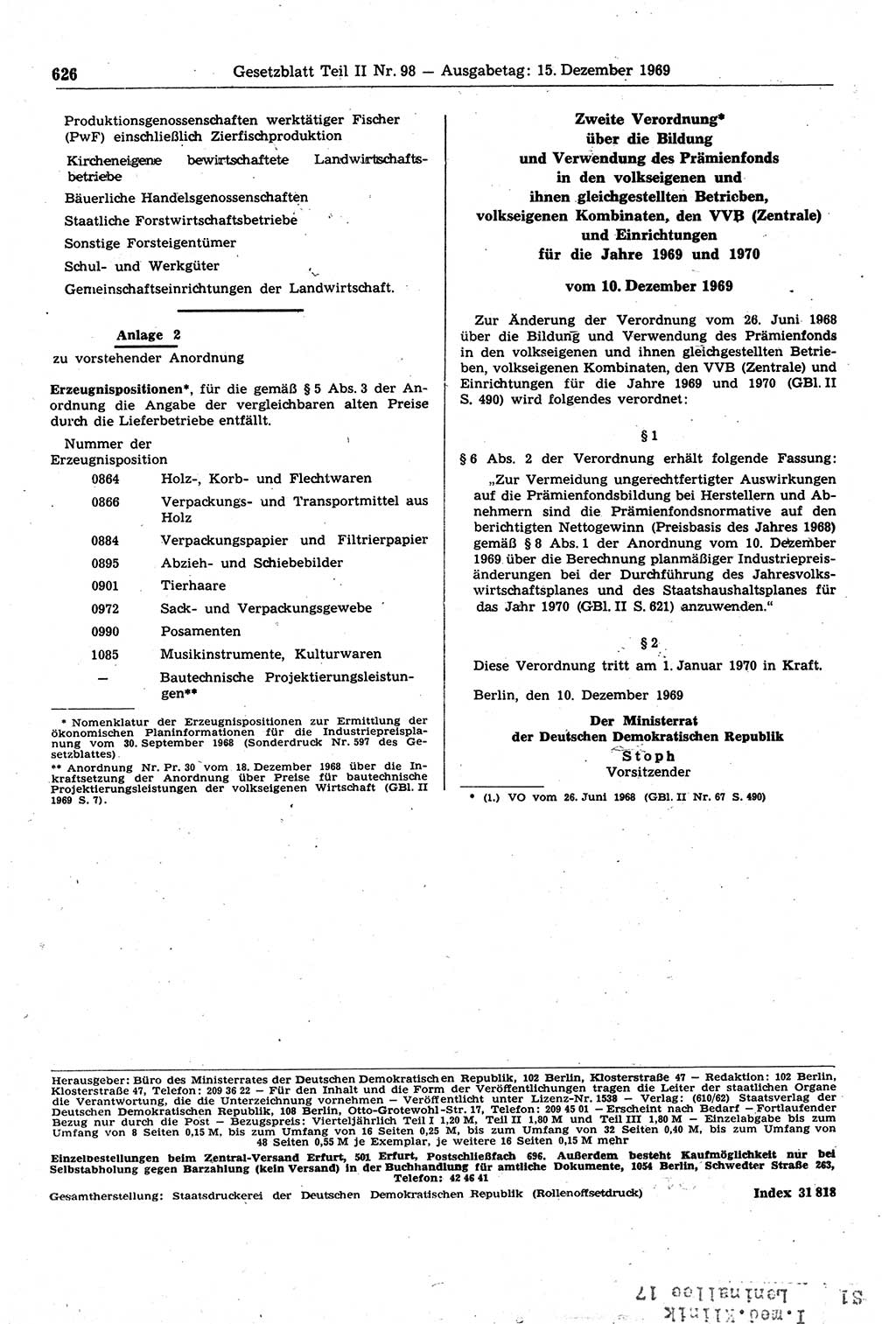 Gesetzblatt (GBl.) der Deutschen Demokratischen Republik (DDR) Teil ⅠⅠ 1969, Seite 626 (GBl. DDR ⅠⅠ 1969, S. 626)