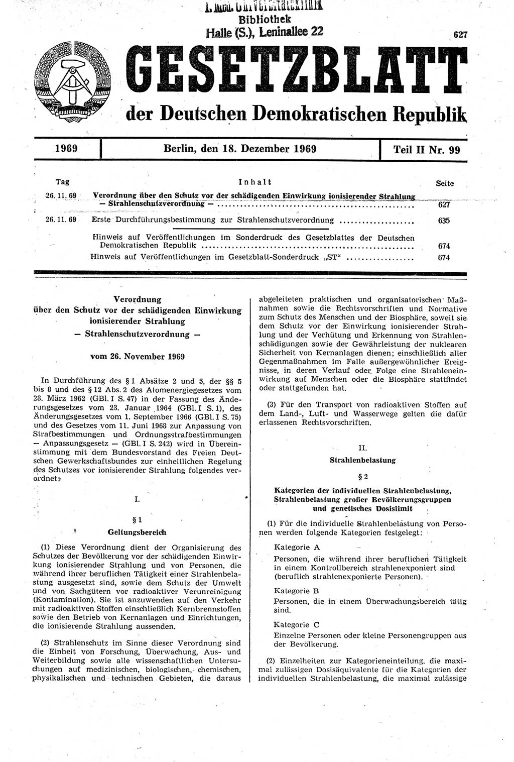 Gesetzblatt (GBl.) der Deutschen Demokratischen Republik (DDR) Teil ⅠⅠ 1969, Seite 627 (GBl. DDR ⅠⅠ 1969, S. 627)