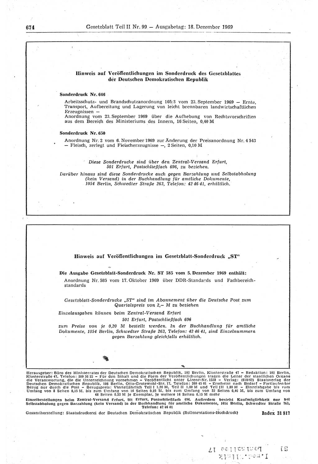 Gesetzblatt (GBl.) der Deutschen Demokratischen Republik (DDR) Teil ⅠⅠ 1969, Seite 674 (GBl. DDR ⅠⅠ 1969, S. 674)