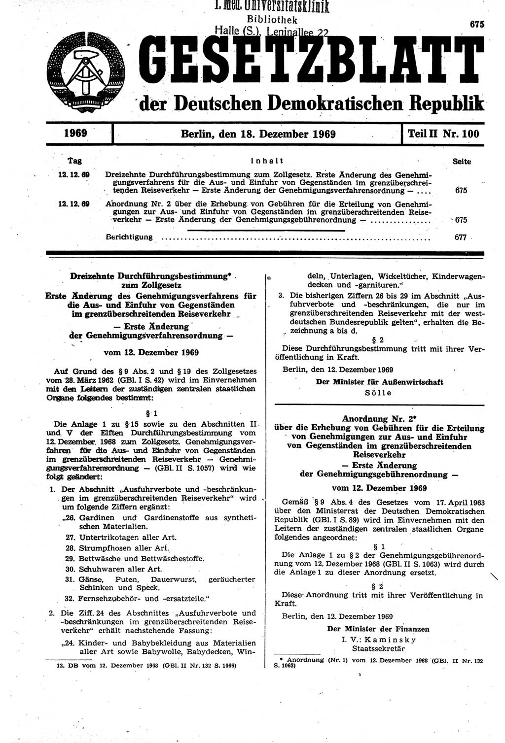 Gesetzblatt (GBl.) der Deutschen Demokratischen Republik (DDR) Teil ⅠⅠ 1969, Seite 675 (GBl. DDR ⅠⅠ 1969, S. 675)