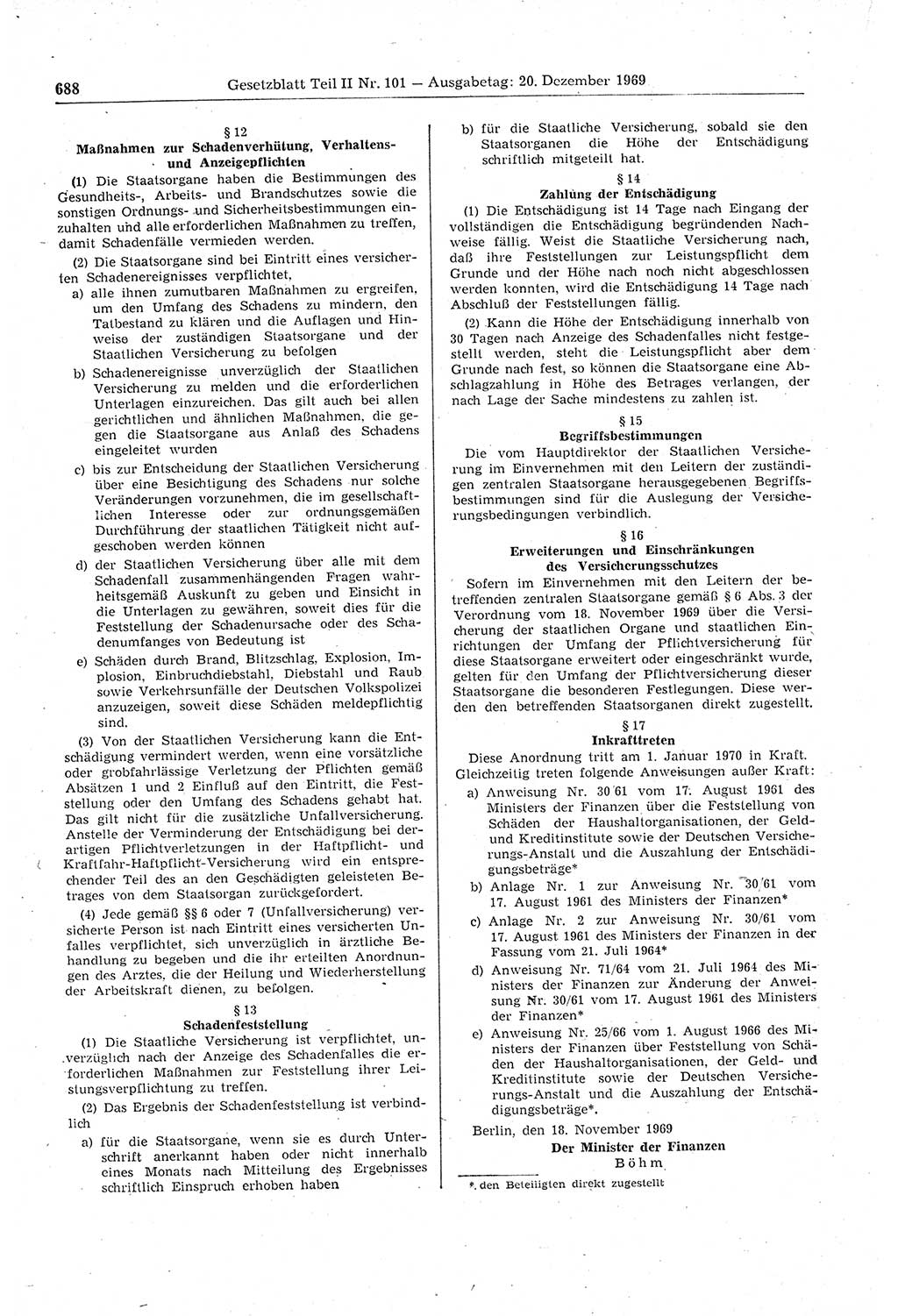 Gesetzblatt (GBl.) der Deutschen Demokratischen Republik (DDR) Teil ⅠⅠ 1969, Seite 688 (GBl. DDR ⅠⅠ 1969, S. 688)