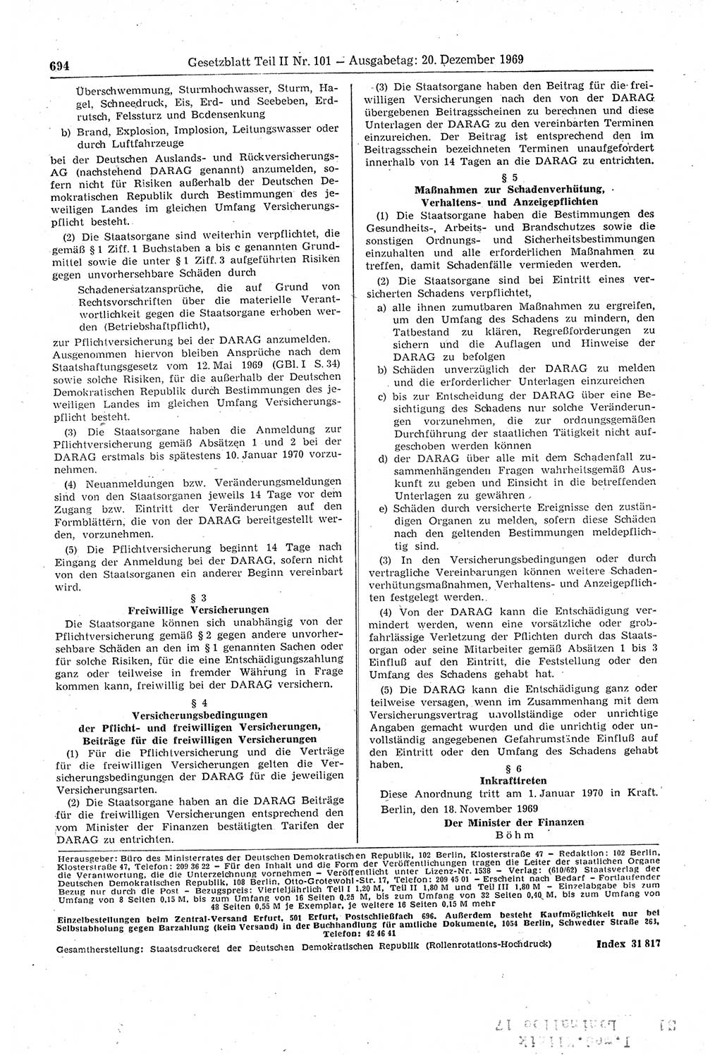 Gesetzblatt (GBl.) der Deutschen Demokratischen Republik (DDR) Teil ⅠⅠ 1969, Seite 694 (GBl. DDR ⅠⅠ 1969, S. 694)
