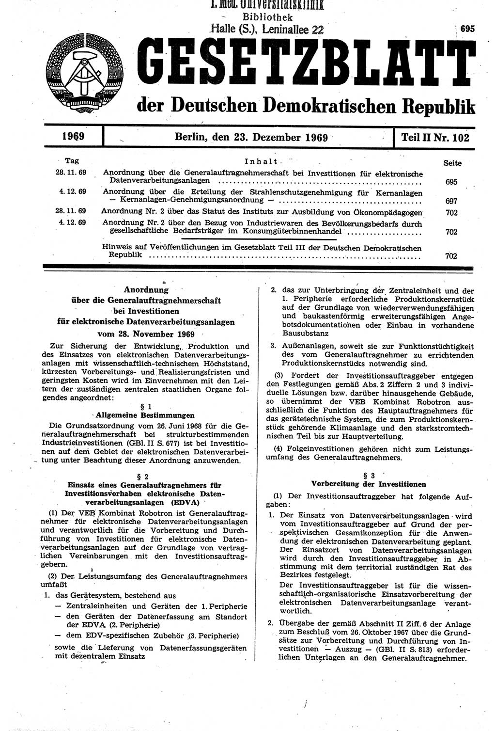 Gesetzblatt (GBl.) der Deutschen Demokratischen Republik (DDR) Teil ⅠⅠ 1969, Seite 695 (GBl. DDR ⅠⅠ 1969, S. 695)