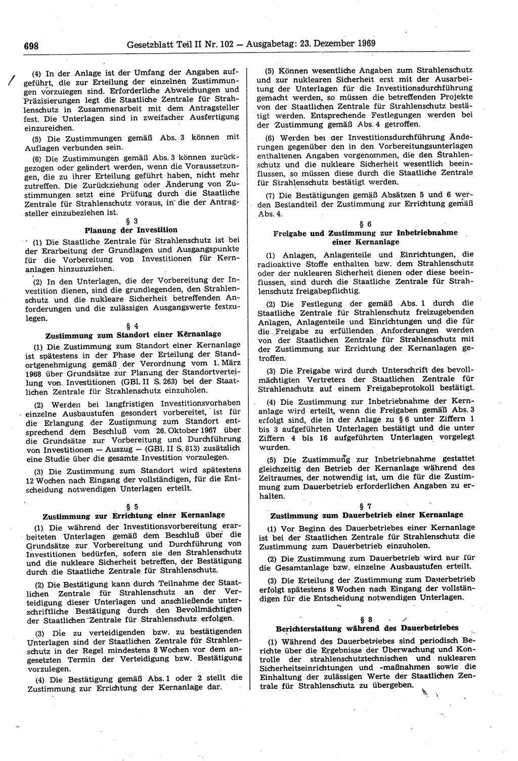 Gesetzblatt (GBl.) der Deutschen Demokratischen Republik (DDR) Teil ⅠⅠ 1969, Seite 698 (GBl. DDR ⅠⅠ 1969, S. 698)