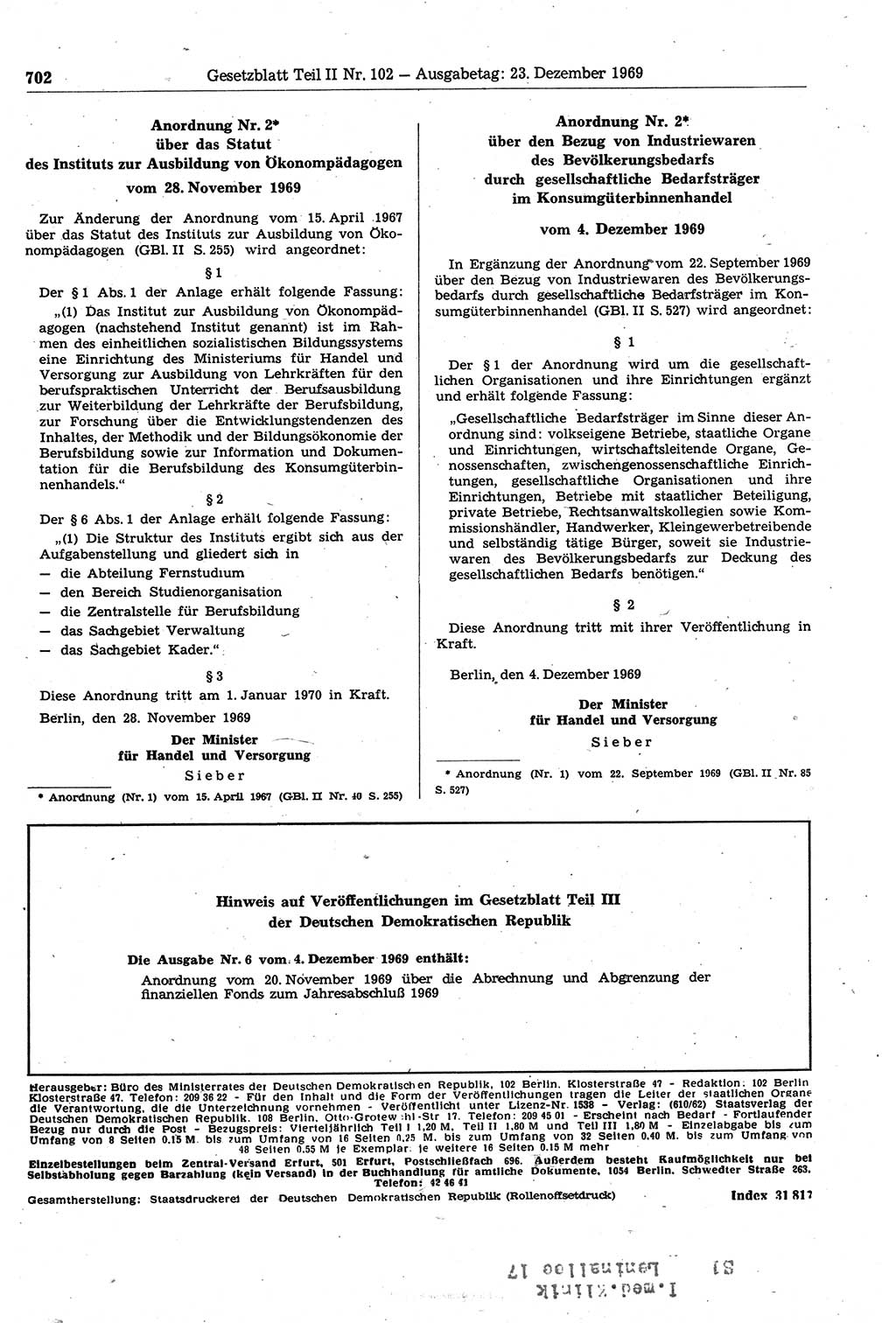 Gesetzblatt (GBl.) der Deutschen Demokratischen Republik (DDR) Teil ⅠⅠ 1969, Seite 702 (GBl. DDR ⅠⅠ 1969, S. 702)