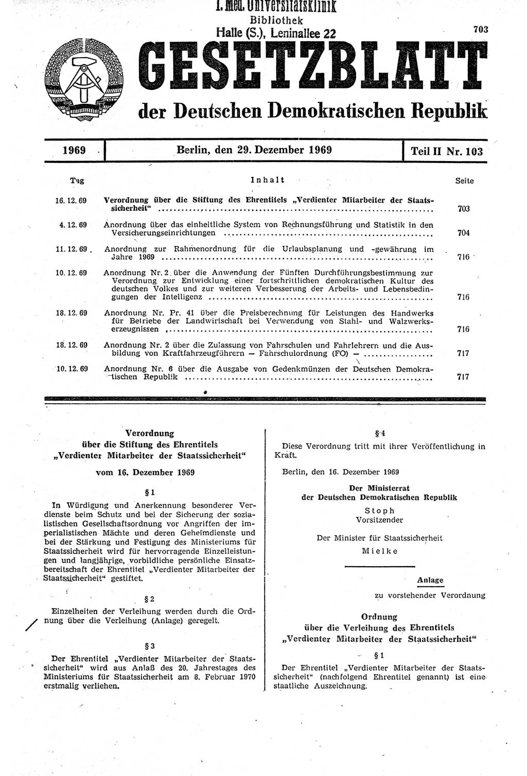 Gesetzblatt (GBl.) der Deutschen Demokratischen Republik (DDR) Teil ⅠⅠ 1969, Seite 703 (GBl. DDR ⅠⅠ 1969, S. 703)