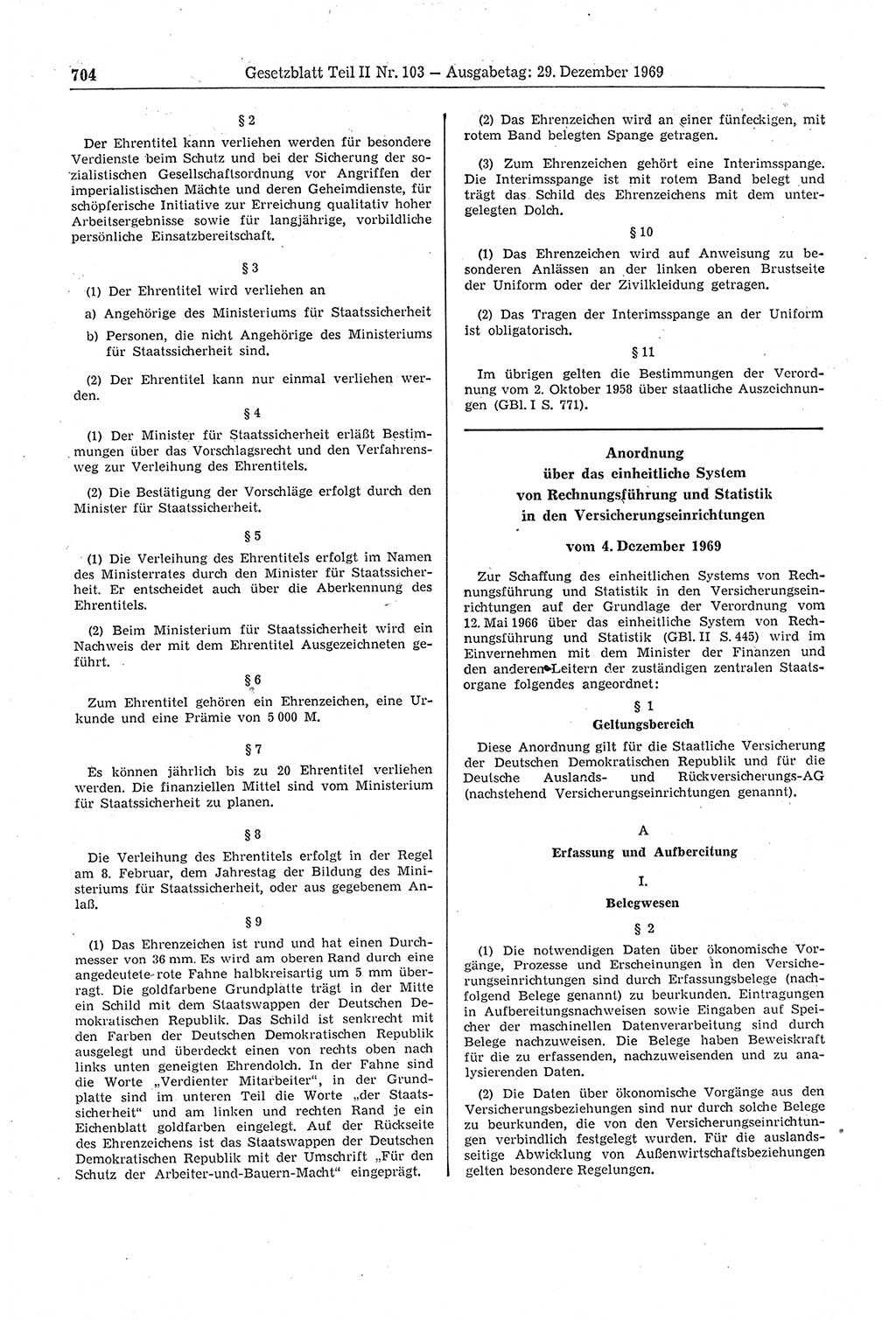 Gesetzblatt (GBl.) der Deutschen Demokratischen Republik (DDR) Teil ⅠⅠ 1969, Seite 704 (GBl. DDR ⅠⅠ 1969, S. 704)