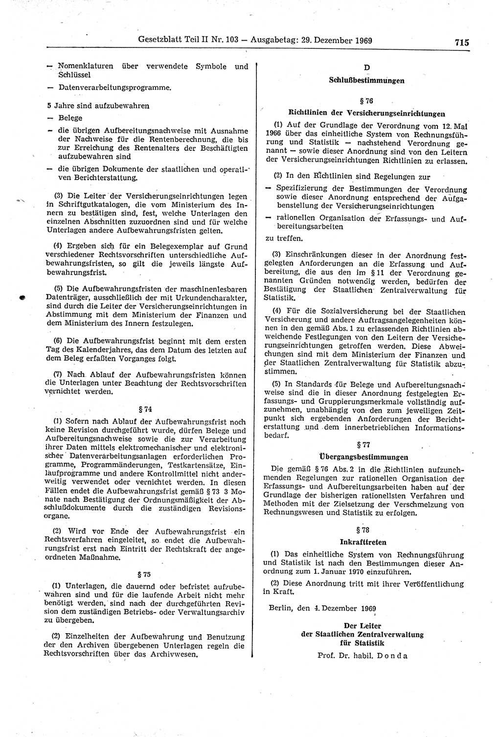 Gesetzblatt (GBl.) der Deutschen Demokratischen Republik (DDR) Teil ⅠⅠ 1969, Seite 715 (GBl. DDR ⅠⅠ 1969, S. 715)