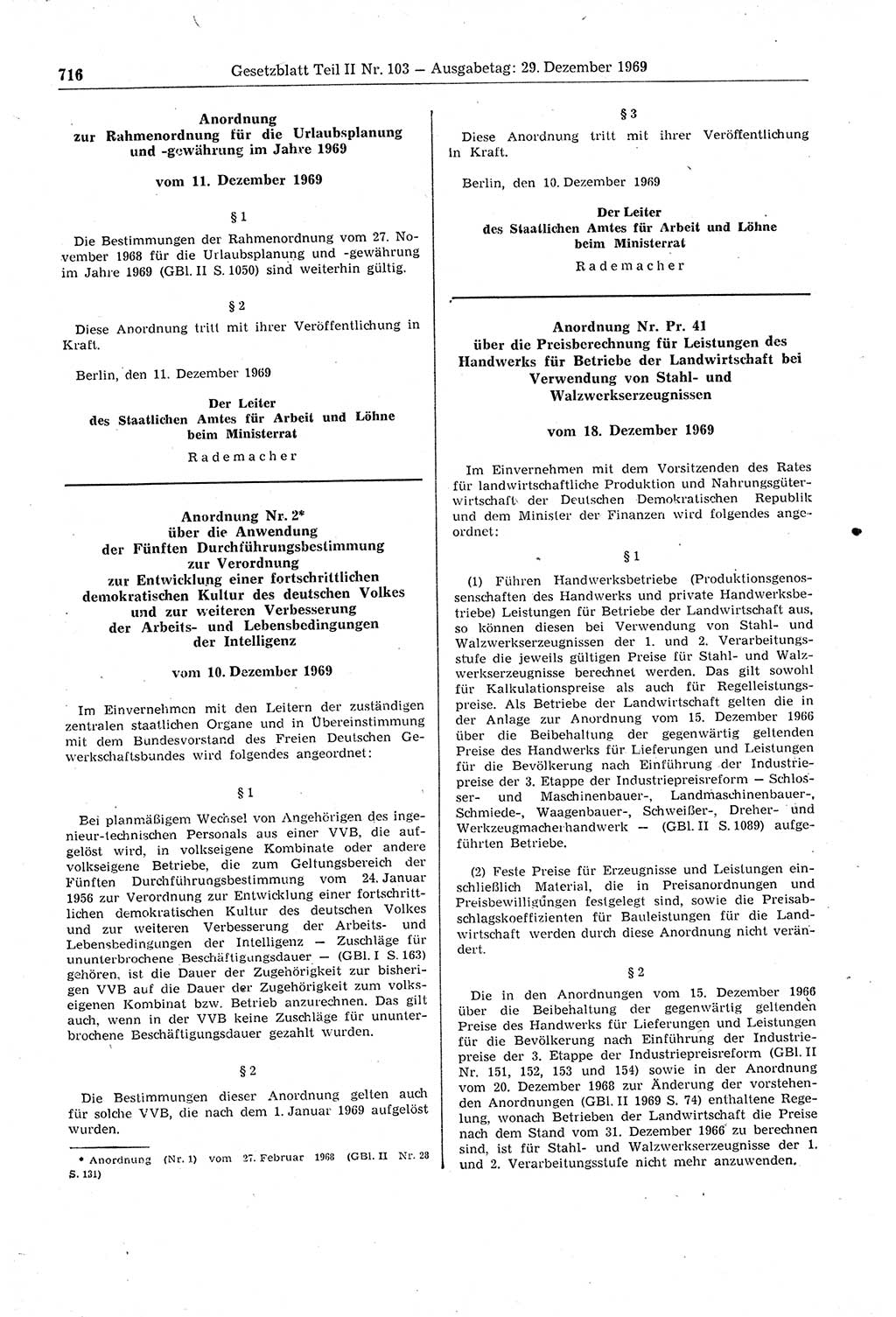 Gesetzblatt (GBl.) der Deutschen Demokratischen Republik (DDR) Teil ⅠⅠ 1969, Seite 716 (GBl. DDR ⅠⅠ 1969, S. 716)