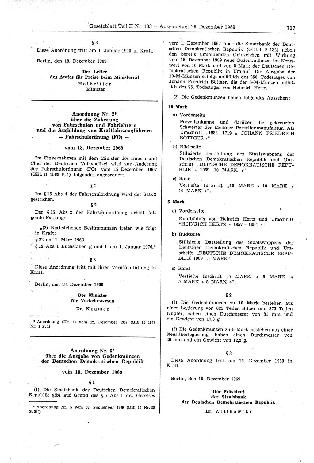 Gesetzblatt (GBl.) der Deutschen Demokratischen Republik (DDR) Teil ⅠⅠ 1969, Seite 717 (GBl. DDR ⅠⅠ 1969, S. 717)