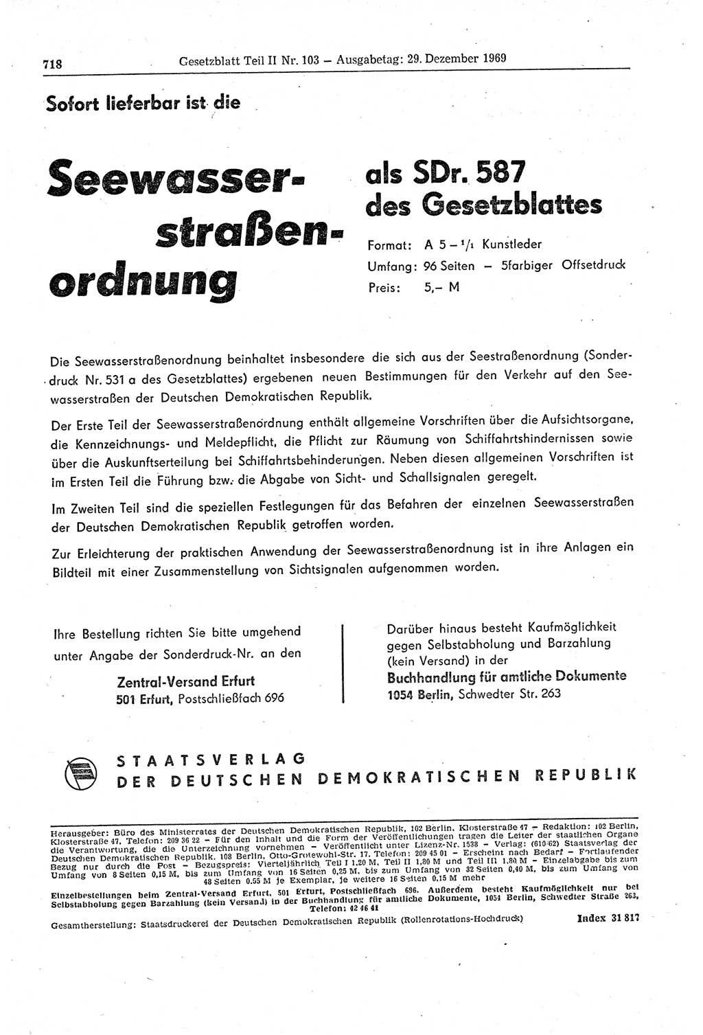 Gesetzblatt (GBl.) der Deutschen Demokratischen Republik (DDR) Teil ⅠⅠ 1969, Seite 718 (GBl. DDR ⅠⅠ 1969, S. 718)