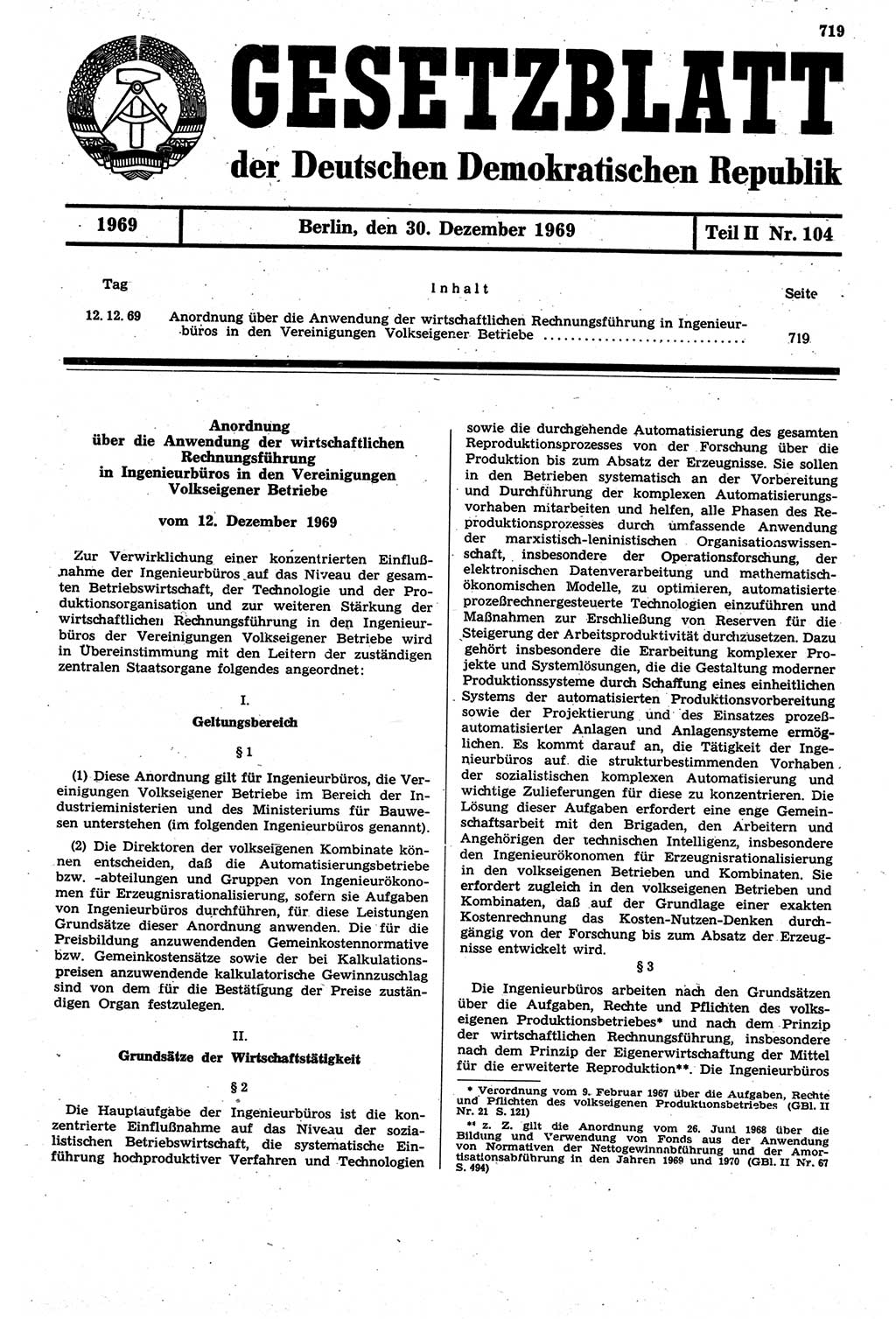 Gesetzblatt (GBl.) der Deutschen Demokratischen Republik (DDR) Teil ⅠⅠ 1969, Seite 719 (GBl. DDR ⅠⅠ 1969, S. 719)