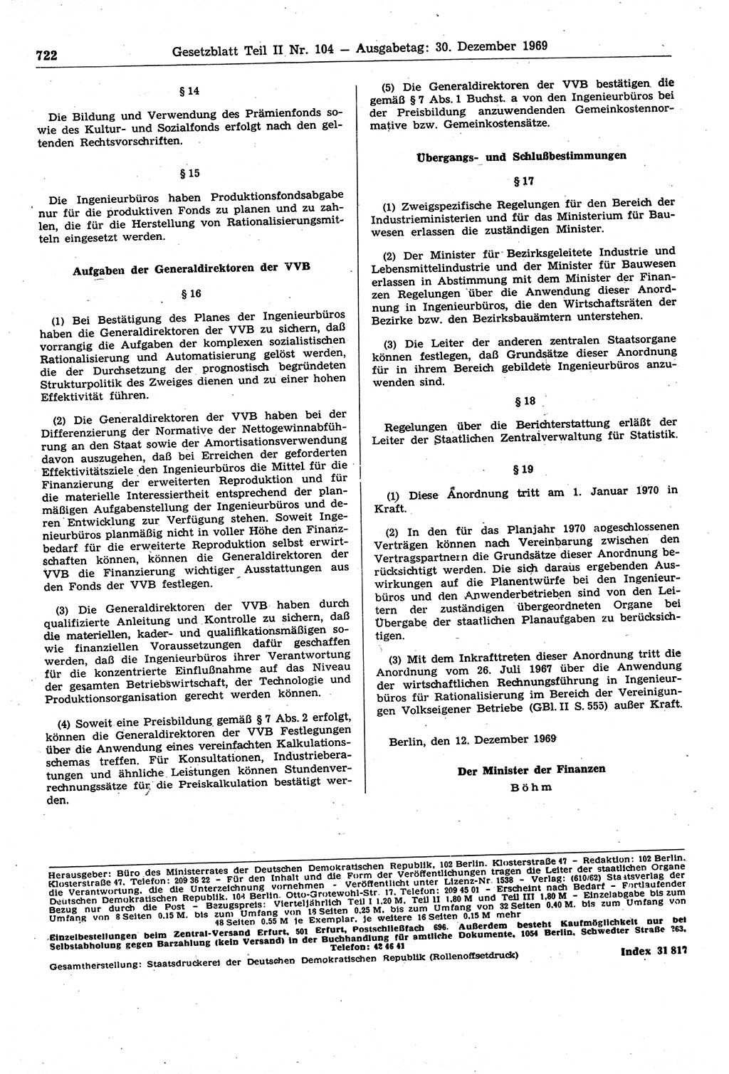 Gesetzblatt (GBl.) der Deutschen Demokratischen Republik (DDR) Teil ⅠⅠ 1969, Seite 722 (GBl. DDR ⅠⅠ 1969, S. 722)