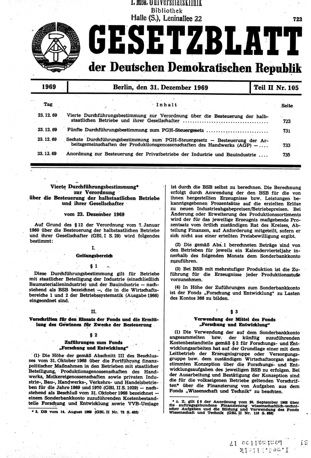 Gesetzblatt (GBl.) der Deutschen Demokratischen Republik (DDR) Teil ⅠⅠ 1969, Seite 723 (GBl. DDR ⅠⅠ 1969, S. 723)