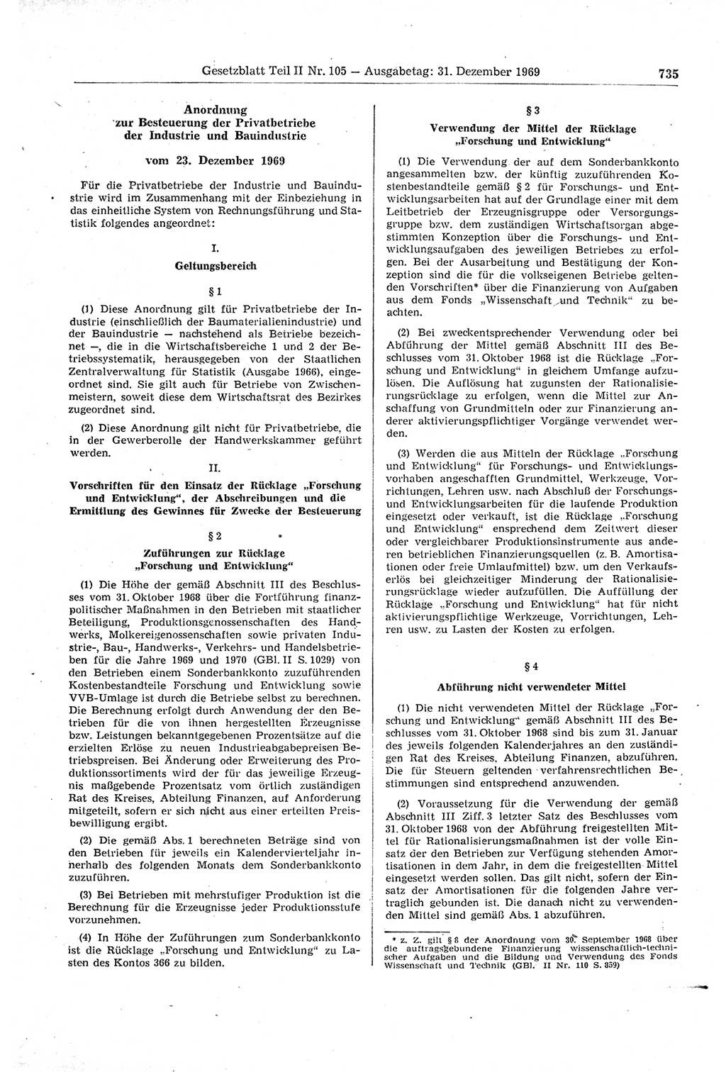 Gesetzblatt (GBl.) der Deutschen Demokratischen Republik (DDR) Teil ⅠⅠ 1969, Seite 735 (GBl. DDR ⅠⅠ 1969, S. 735)
