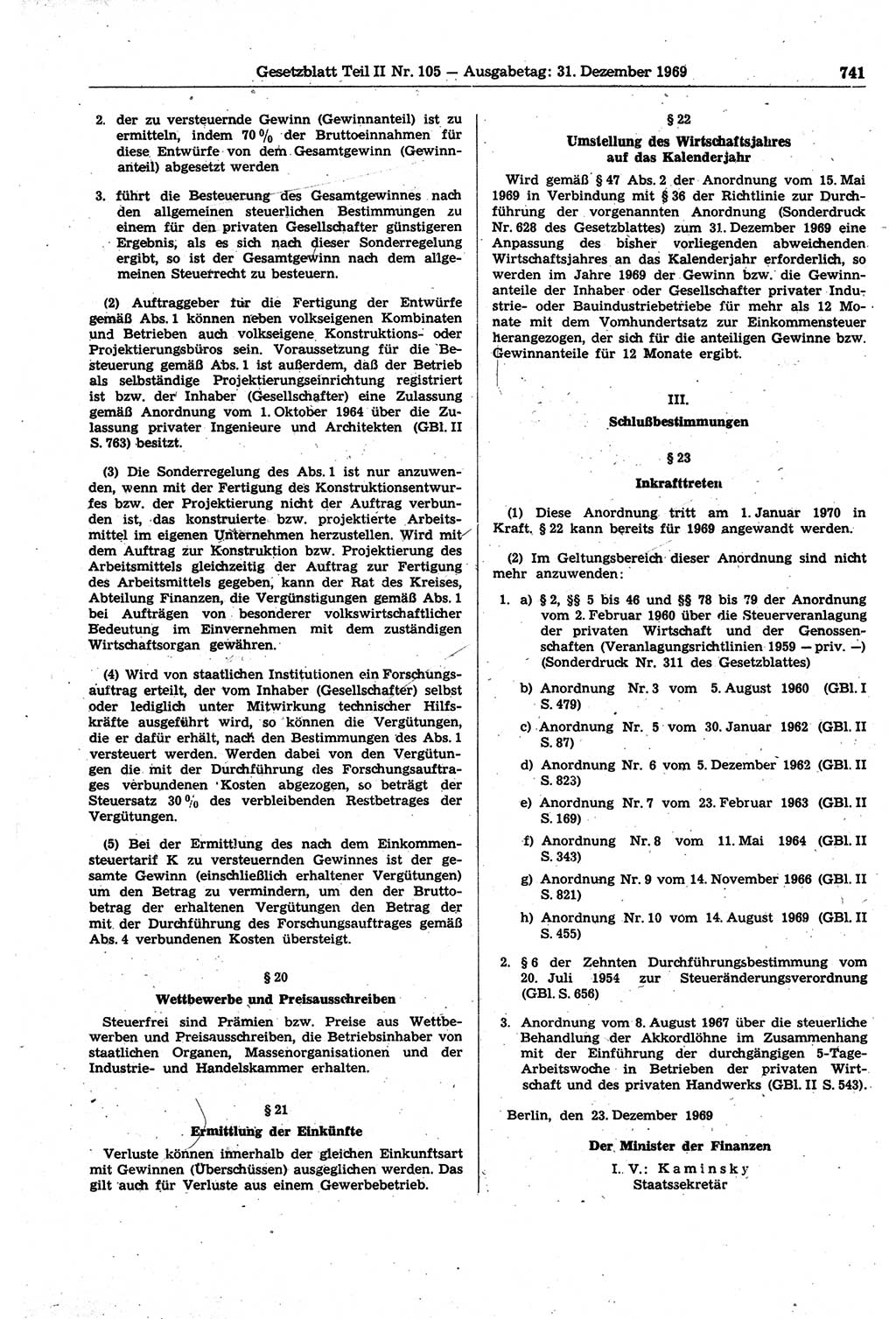 Gesetzblatt (GBl.) der Deutschen Demokratischen Republik (DDR) Teil ⅠⅠ 1969, Seite 741 (GBl. DDR ⅠⅠ 1969, S. 741)