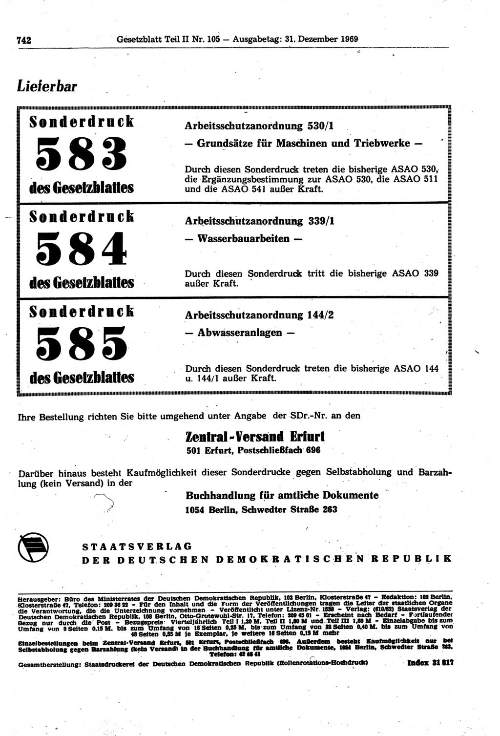 Gesetzblatt (GBl.) der Deutschen Demokratischen Republik (DDR) Teil ⅠⅠ 1969, Seite 742 (GBl. DDR ⅠⅠ 1969, S. 742)