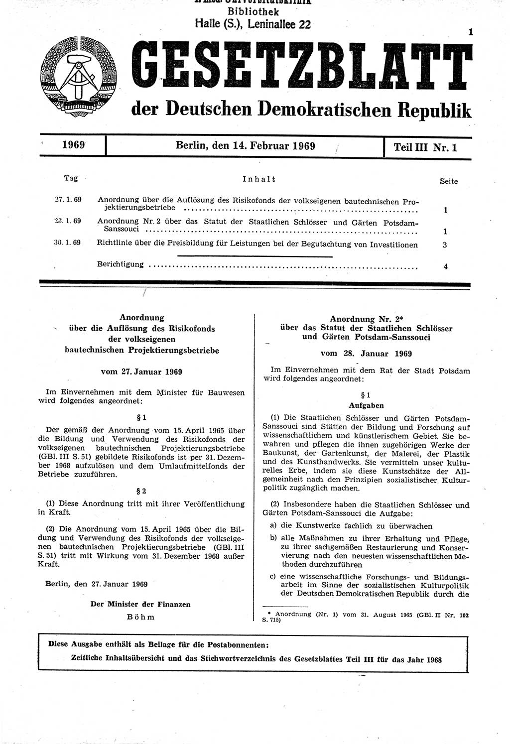 Gesetzblatt (GBl.) der Deutschen Demokratischen Republik (DDR) Teil ⅠⅠⅠ 1969, Seite 1 (GBl. DDR ⅠⅠⅠ 1969, S. 1)