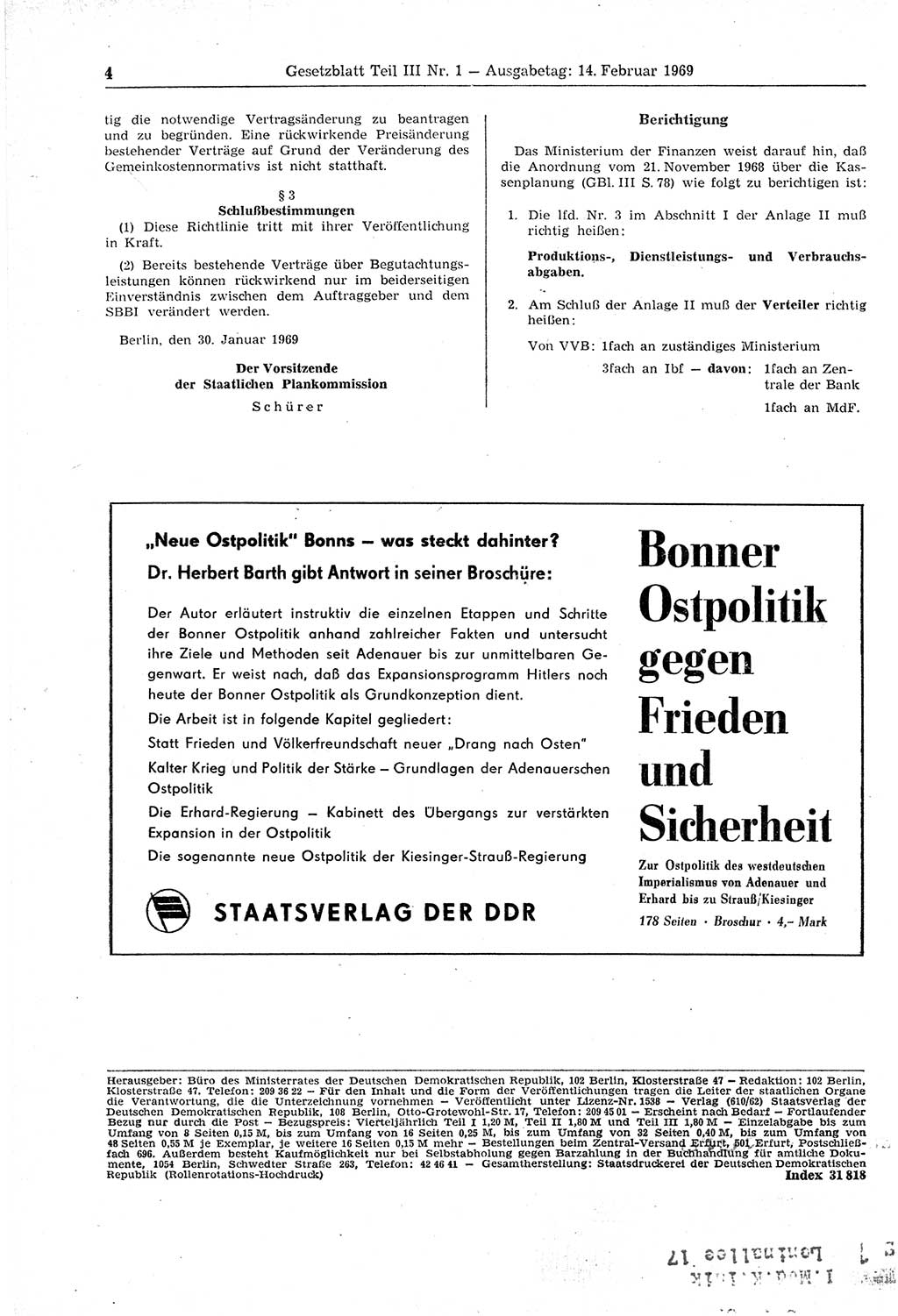 Gesetzblatt (GBl.) der Deutschen Demokratischen Republik (DDR) Teil ⅠⅠⅠ 1969, Seite 4 (GBl. DDR ⅠⅠⅠ 1969, S. 4)