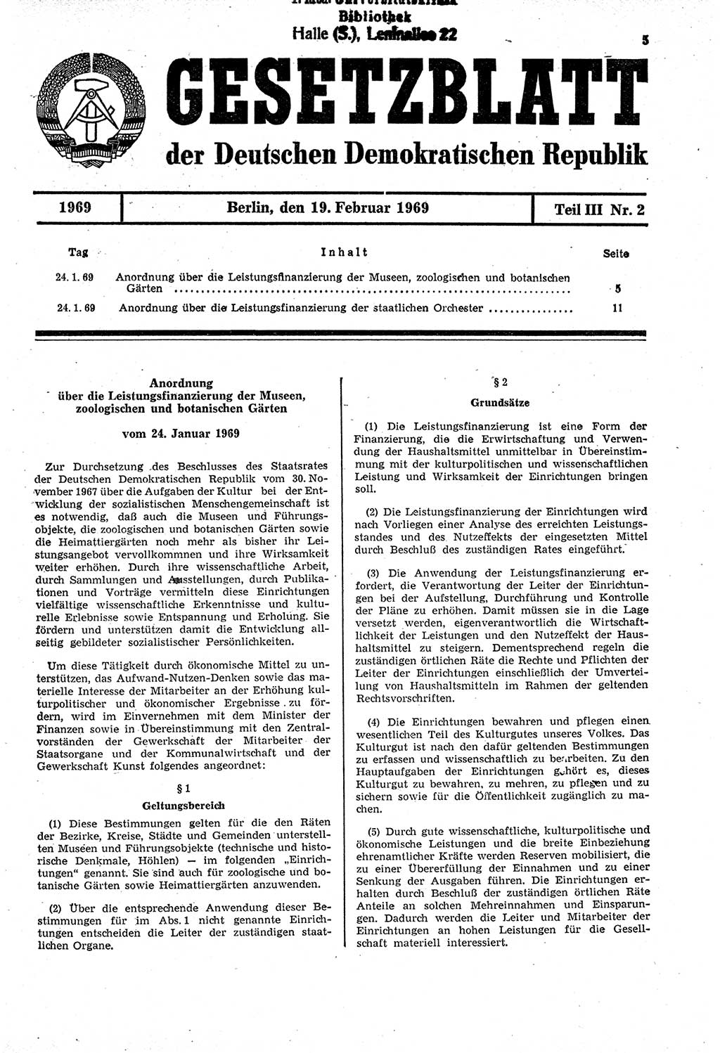 Gesetzblatt (GBl.) der Deutschen Demokratischen Republik (DDR) Teil ⅠⅠⅠ 1969, Seite 5 (GBl. DDR ⅠⅠⅠ 1969, S. 5)