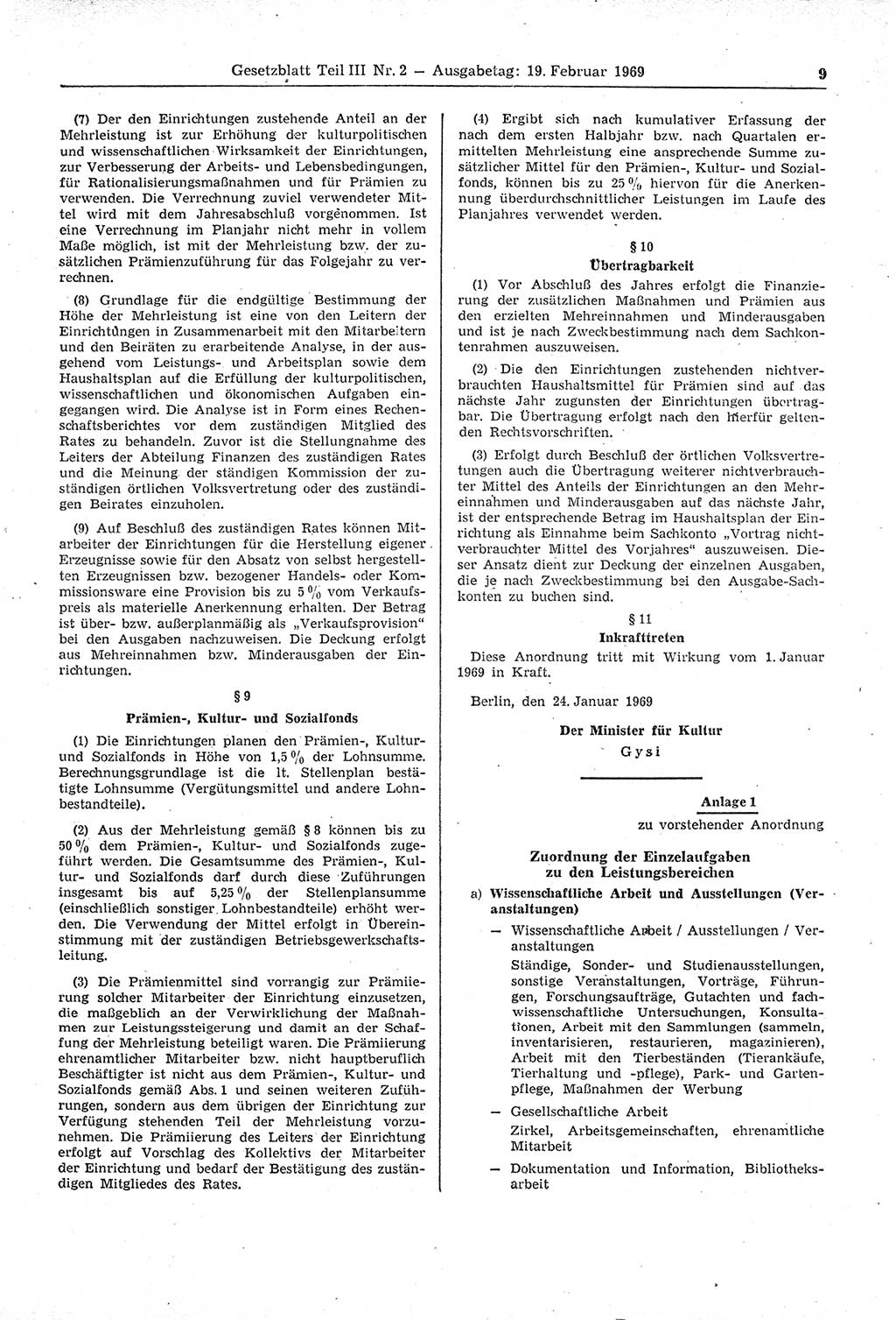 Gesetzblatt (GBl.) der Deutschen Demokratischen Republik (DDR) Teil ⅠⅠⅠ 1969, Seite 9 (GBl. DDR ⅠⅠⅠ 1969, S. 9)