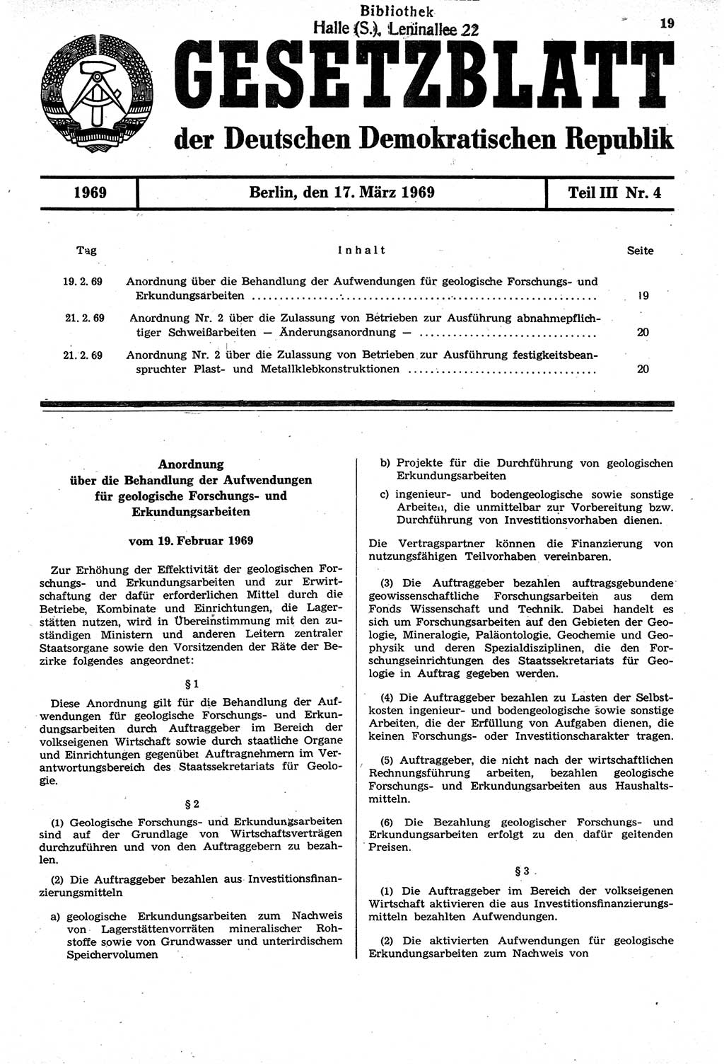 Gesetzblatt (GBl.) der Deutschen Demokratischen Republik (DDR) Teil ⅠⅠⅠ 1969, Seite 19 (GBl. DDR ⅠⅠⅠ 1969, S. 19)