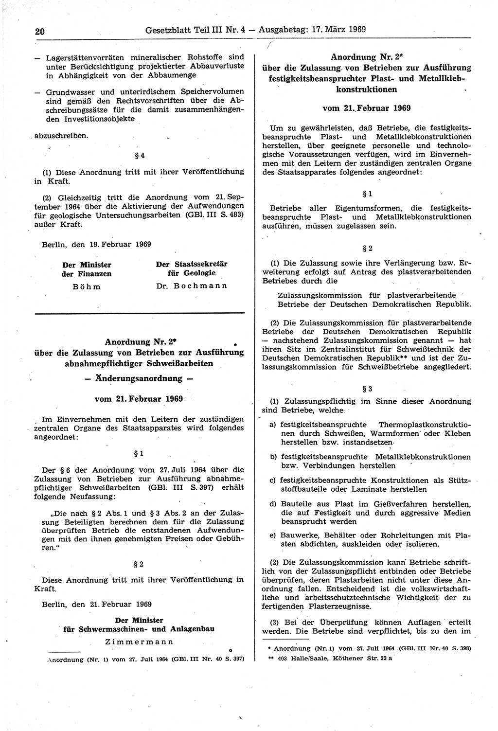 Gesetzblatt (GBl.) der Deutschen Demokratischen Republik (DDR) Teil ⅠⅠⅠ 1969, Seite 20 (GBl. DDR ⅠⅠⅠ 1969, S. 20)