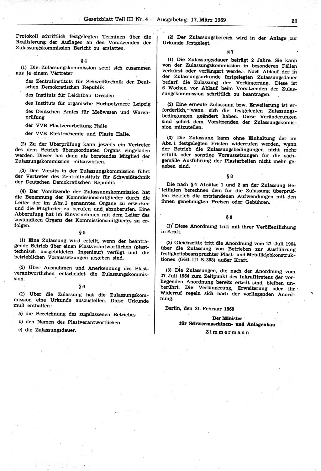 Gesetzblatt (GBl.) der Deutschen Demokratischen Republik (DDR) Teil ⅠⅠⅠ 1969, Seite 21 (GBl. DDR ⅠⅠⅠ 1969, S. 21)