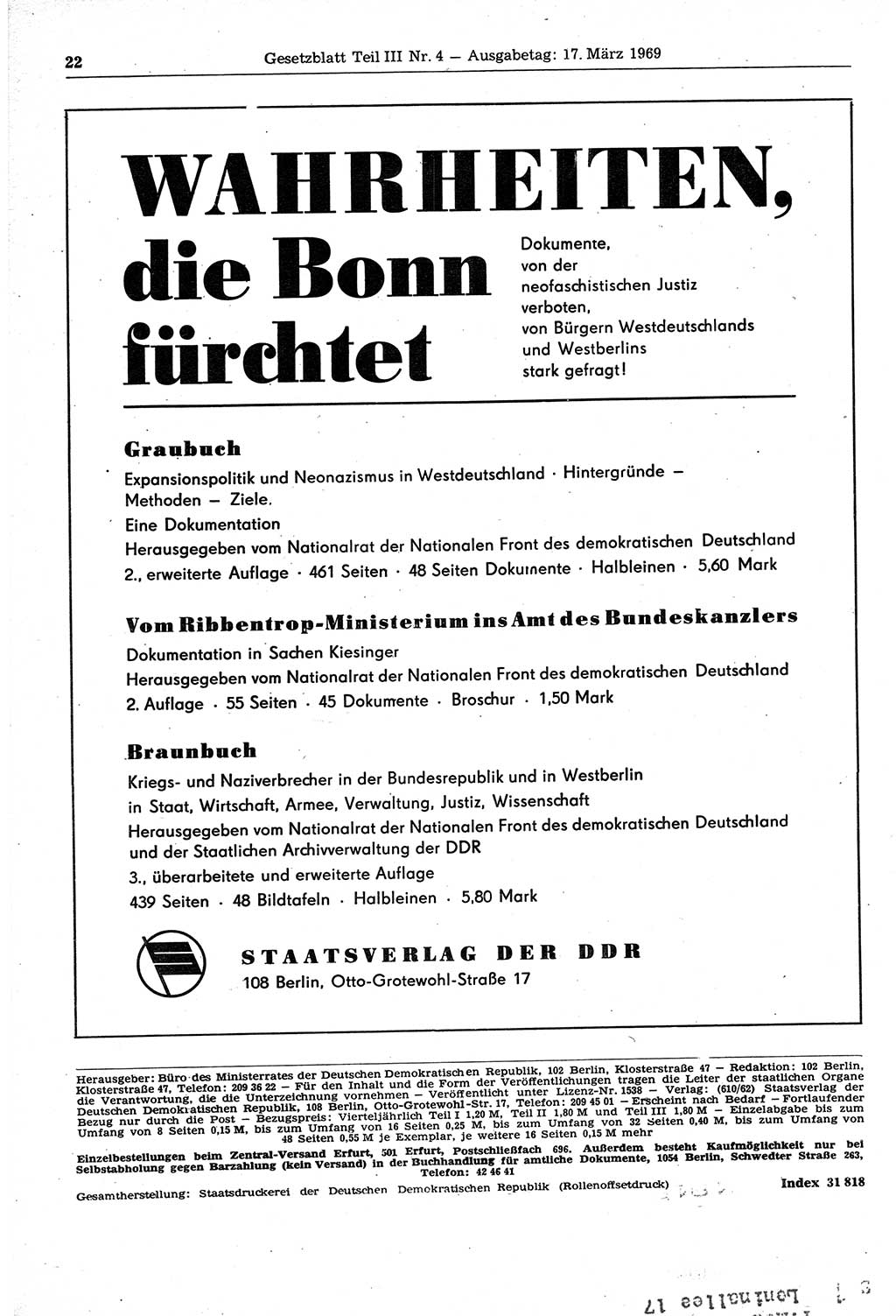Gesetzblatt (GBl.) der Deutschen Demokratischen Republik (DDR) Teil ⅠⅠⅠ 1969, Seite 22 (GBl. DDR ⅠⅠⅠ 1969, S. 22)