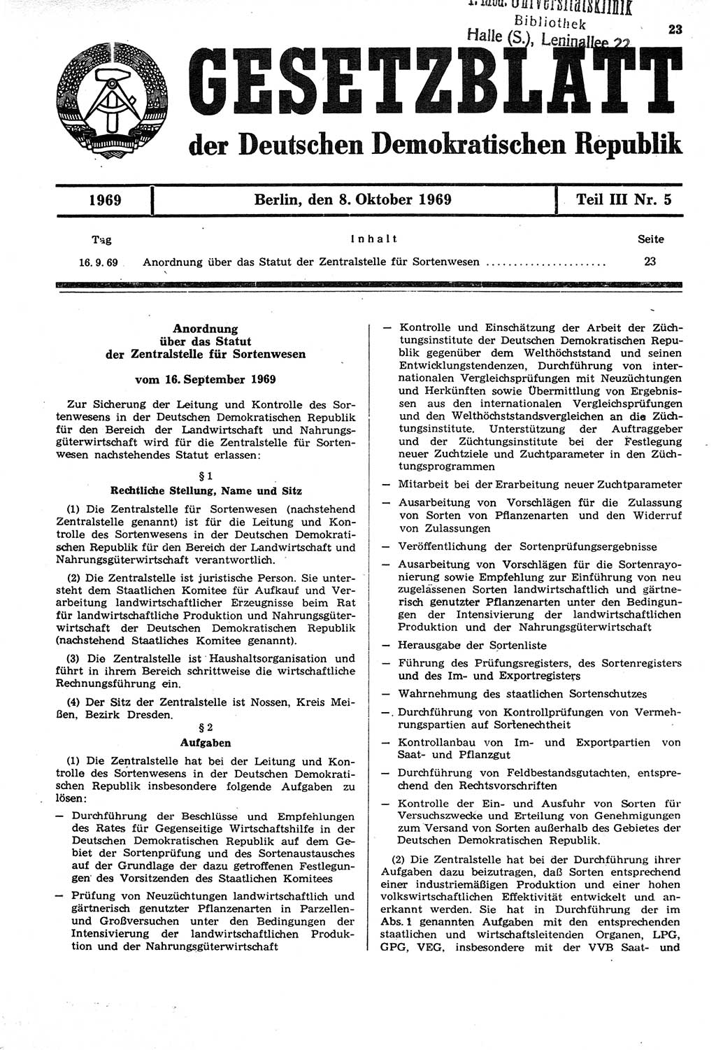 Gesetzblatt (GBl.) der Deutschen Demokratischen Republik (DDR) Teil ⅠⅠⅠ 1969, Seite 23 (GBl. DDR ⅠⅠⅠ 1969, S. 23)
