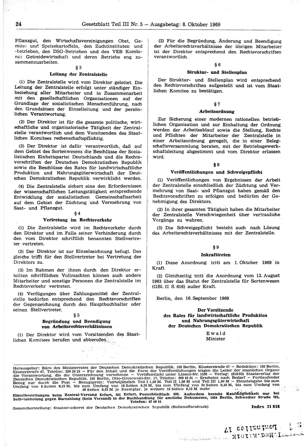 Gesetzblatt (GBl.) der Deutschen Demokratischen Republik (DDR) Teil ⅠⅠⅠ 1969, Seite 24 (GBl. DDR ⅠⅠⅠ 1969, S. 24)