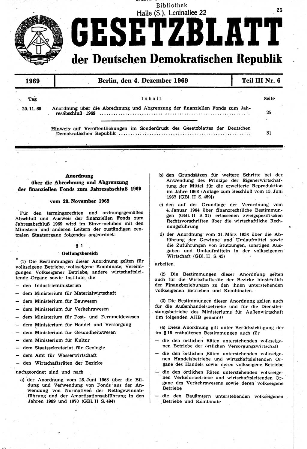 Gesetzblatt (GBl.) der Deutschen Demokratischen Republik (DDR) Teil ⅠⅠⅠ 1969, Seite 25 (GBl. DDR ⅠⅠⅠ 1969, S. 25)