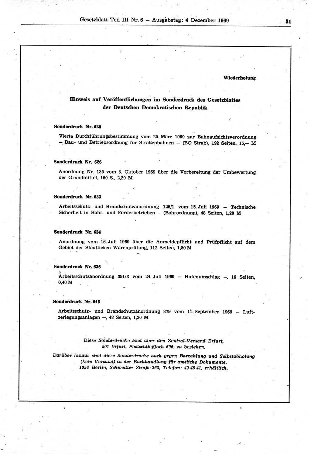 Gesetzblatt (GBl.) der Deutschen Demokratischen Republik (DDR) Teil ⅠⅠⅠ 1969, Seite 31 (GBl. DDR ⅠⅠⅠ 1969, S. 31)
