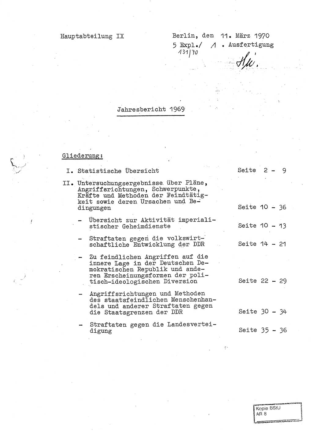 Jahresbericht der Hauptabteilung (HA) Ⅸ 1969 des Ministeriums für Staatssicherheit (MfS) der Deutschen Demokratischen Republik (DDR), Berlin 1970, Seite 1 (J.-Ber. MfS DDR HA Ⅸ /69 1970, S. 1)