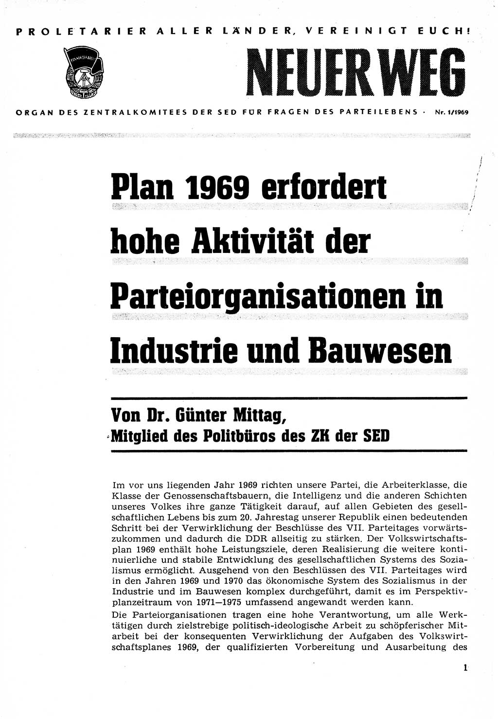 Neuer Weg (NW), Organ des Zentralkomitees (ZK) der SED (Sozialistische Einheitspartei Deutschlands) für Fragen des Parteilebens, 24. Jahrgang [Deutsche Demokratische Republik (DDR)] 1969, Seite 1 (NW ZK SED DDR 1969, S. 1)