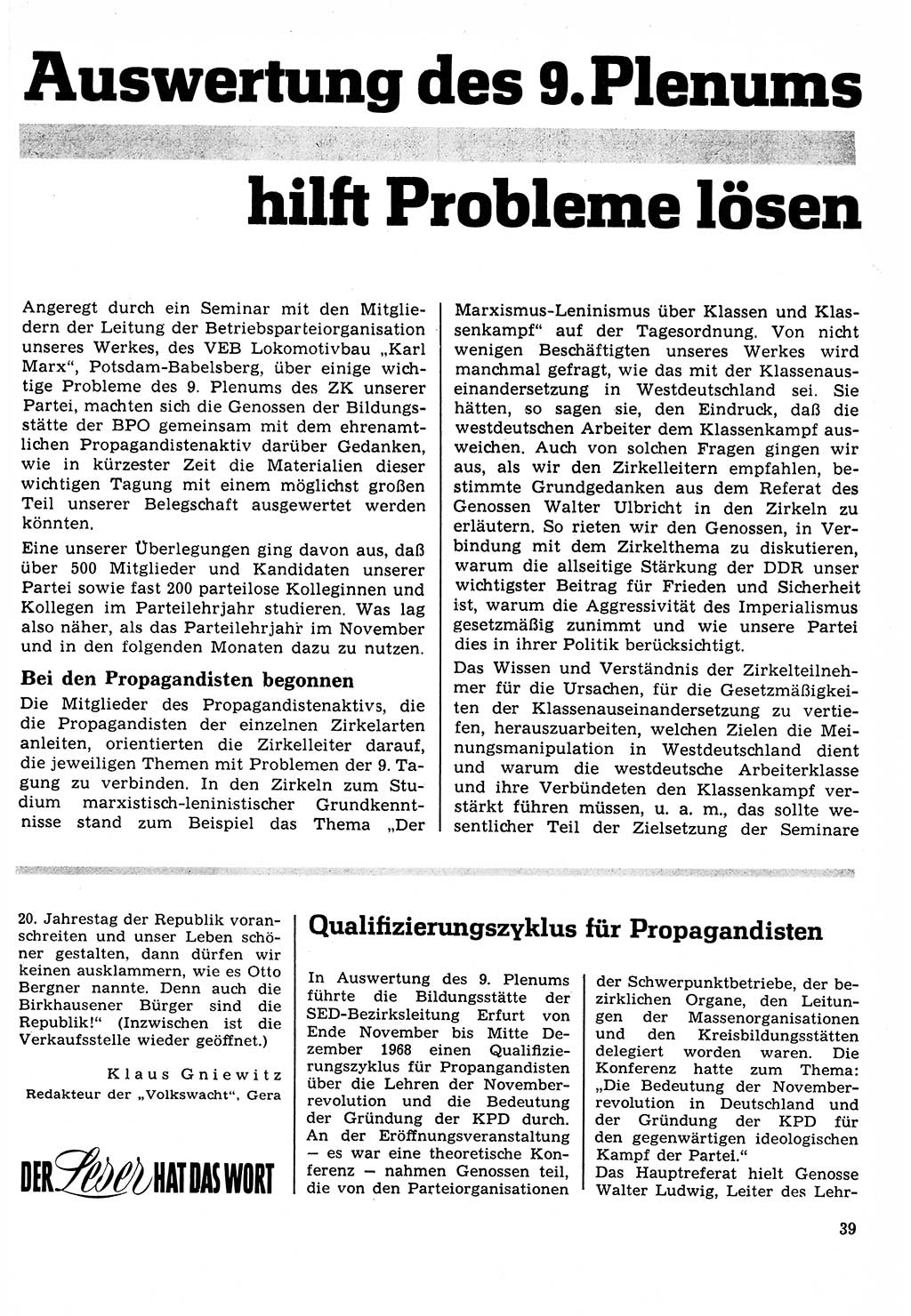 Neuer Weg (NW), Organ des Zentralkomitees (ZK) der SED (Sozialistische Einheitspartei Deutschlands) für Fragen des Parteilebens, 24. Jahrgang [Deutsche Demokratische Republik (DDR)] 1969, Seite 39 (NW ZK SED DDR 1969, S. 39)