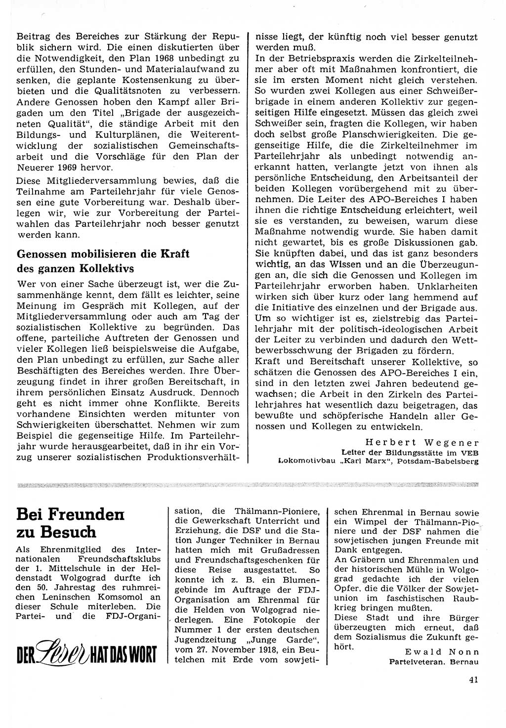 Neuer Weg (NW), Organ des Zentralkomitees (ZK) der SED (Sozialistische Einheitspartei Deutschlands) für Fragen des Parteilebens, 24. Jahrgang [Deutsche Demokratische Republik (DDR)] 1969, Seite 41 (NW ZK SED DDR 1969, S. 41)