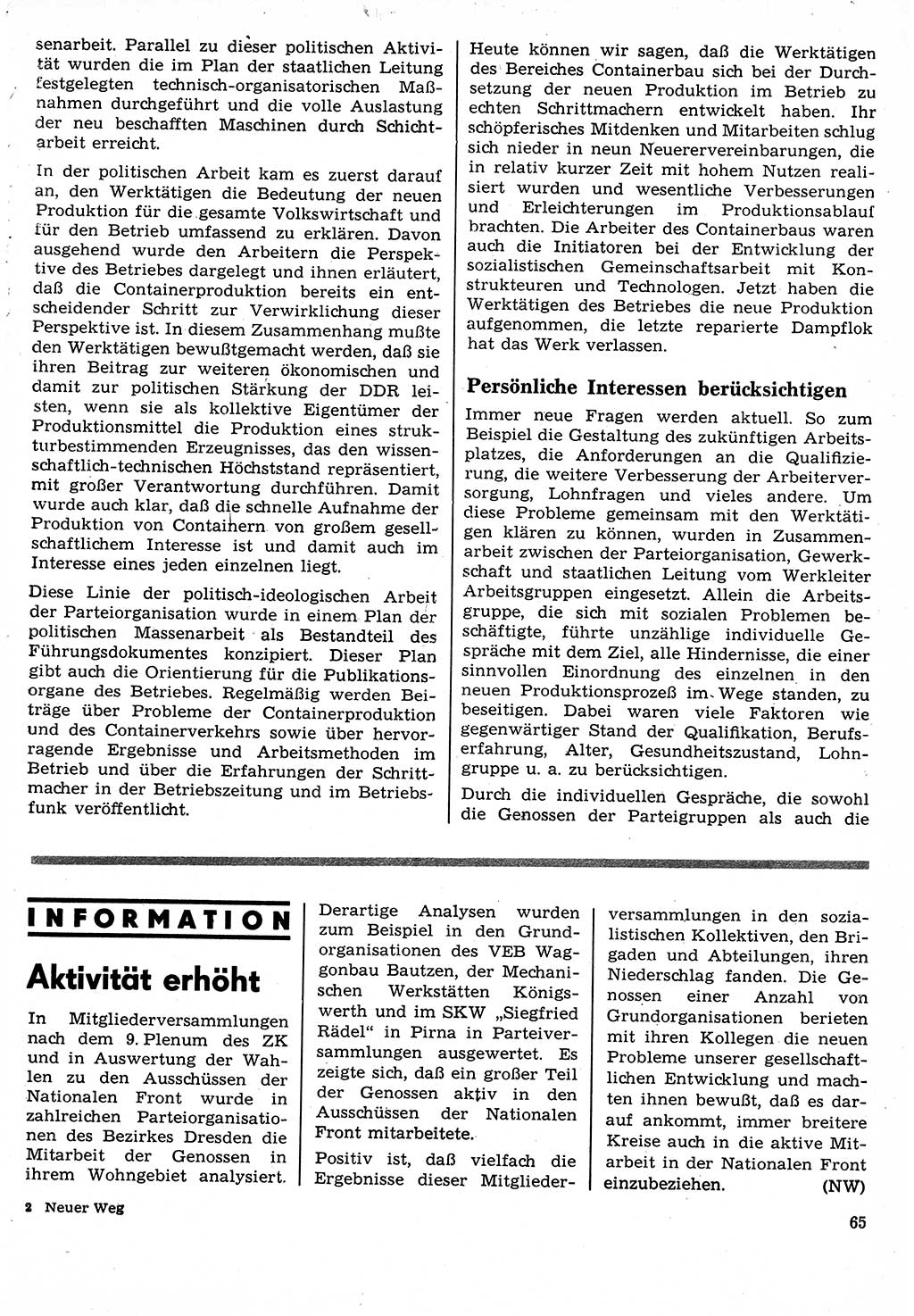 Neuer Weg (NW), Organ des Zentralkomitees (ZK) der SED (Sozialistische Einheitspartei Deutschlands) für Fragen des Parteilebens, 24. Jahrgang [Deutsche Demokratische Republik (DDR)] 1969, Seite 65 (NW ZK SED DDR 1969, S. 65)