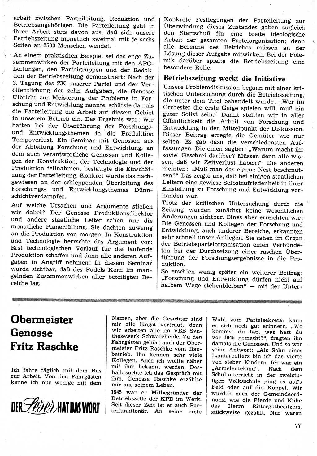 Neuer Weg (NW), Organ des Zentralkomitees (ZK) der SED (Sozialistische Einheitspartei Deutschlands) für Fragen des Parteilebens, 24. Jahrgang [Deutsche Demokratische Republik (DDR)] 1969, Seite 77 (NW ZK SED DDR 1969, S. 77)