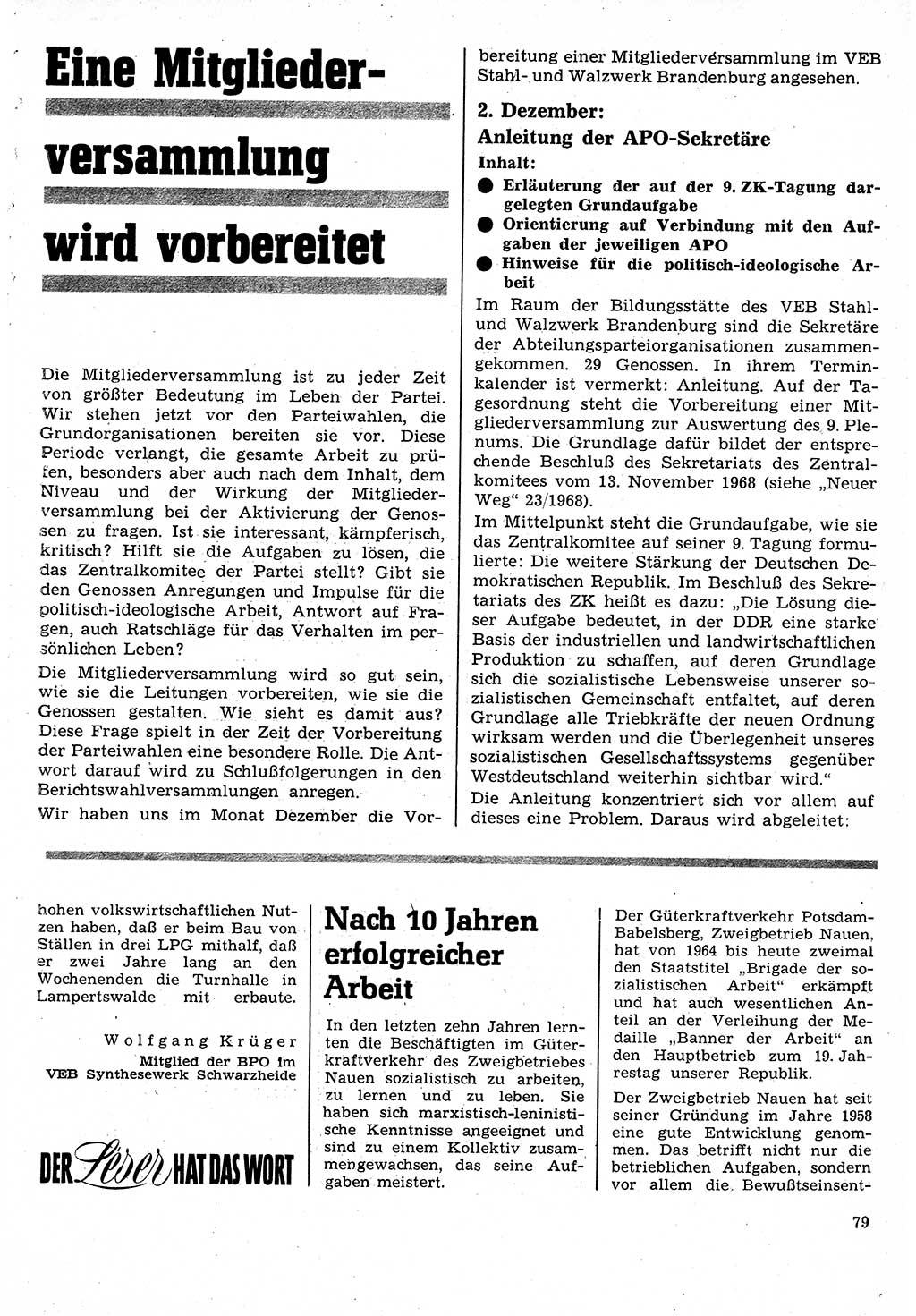 Neuer Weg (NW), Organ des Zentralkomitees (ZK) der SED (Sozialistische Einheitspartei Deutschlands) für Fragen des Parteilebens, 24. Jahrgang [Deutsche Demokratische Republik (DDR)] 1969, Seite 79 (NW ZK SED DDR 1969, S. 79)