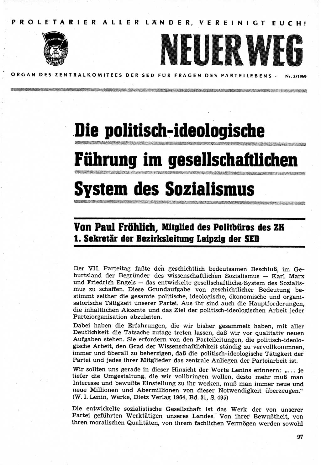 Neuer Weg (NW), Organ des Zentralkomitees (ZK) der SED (Sozialistische Einheitspartei Deutschlands) für Fragen des Parteilebens, 24. Jahrgang [Deutsche Demokratische Republik (DDR)] 1969, Seite 97 (NW ZK SED DDR 1969, S. 97)