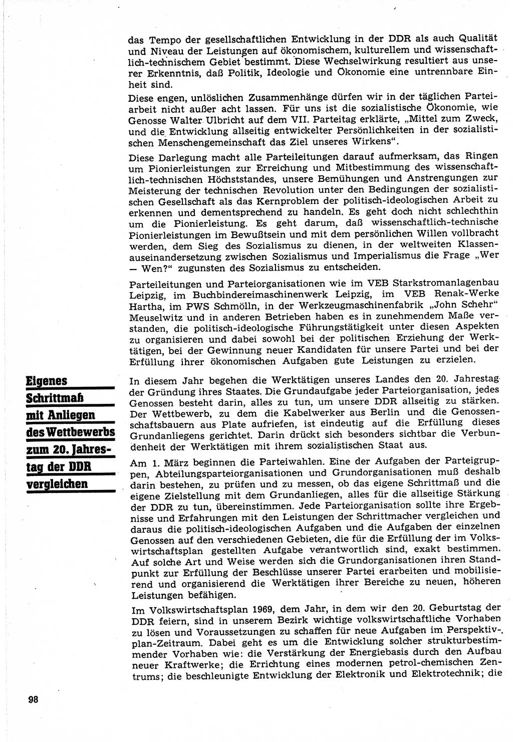 Neuer Weg (NW), Organ des Zentralkomitees (ZK) der SED (Sozialistische Einheitspartei Deutschlands) für Fragen des Parteilebens, 24. Jahrgang [Deutsche Demokratische Republik (DDR)] 1969, Seite 98 (NW ZK SED DDR 1969, S. 98)