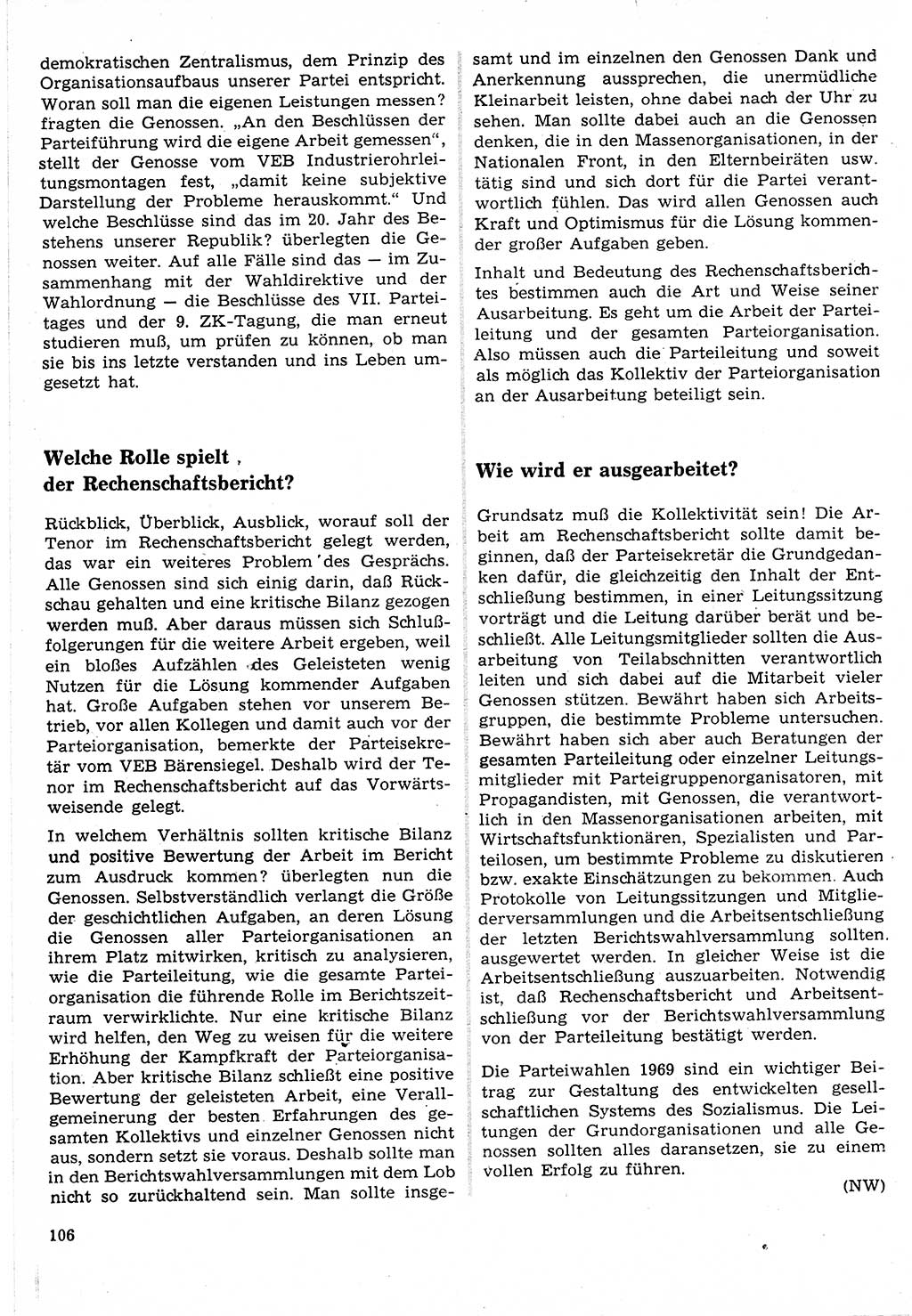 Neuer Weg (NW), Organ des Zentralkomitees (ZK) der SED (Sozialistische Einheitspartei Deutschlands) für Fragen des Parteilebens, 24. Jahrgang [Deutsche Demokratische Republik (DDR)] 1969, Seite 106 (NW ZK SED DDR 1969, S. 106)